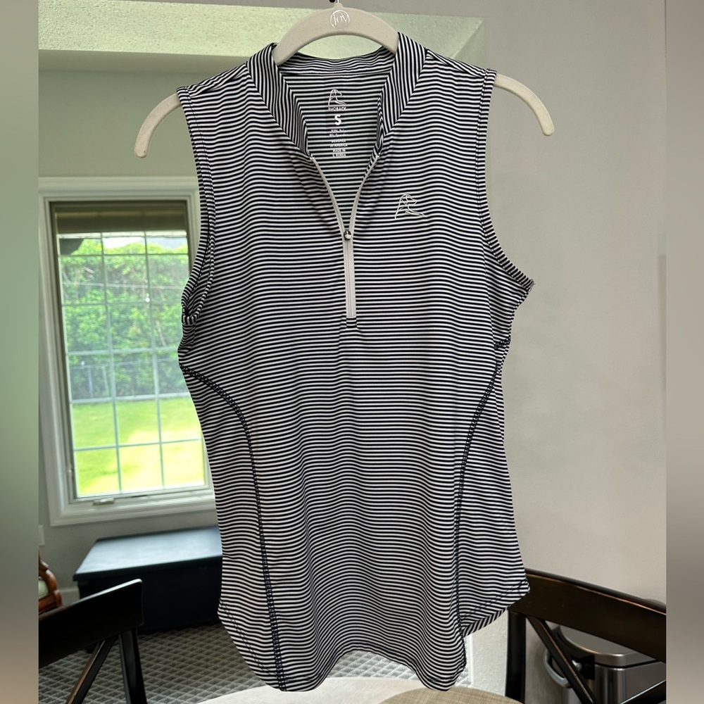 Ladies Rhoback Sleeveless Performance Q-Zip. Size Small. Navy and white striped